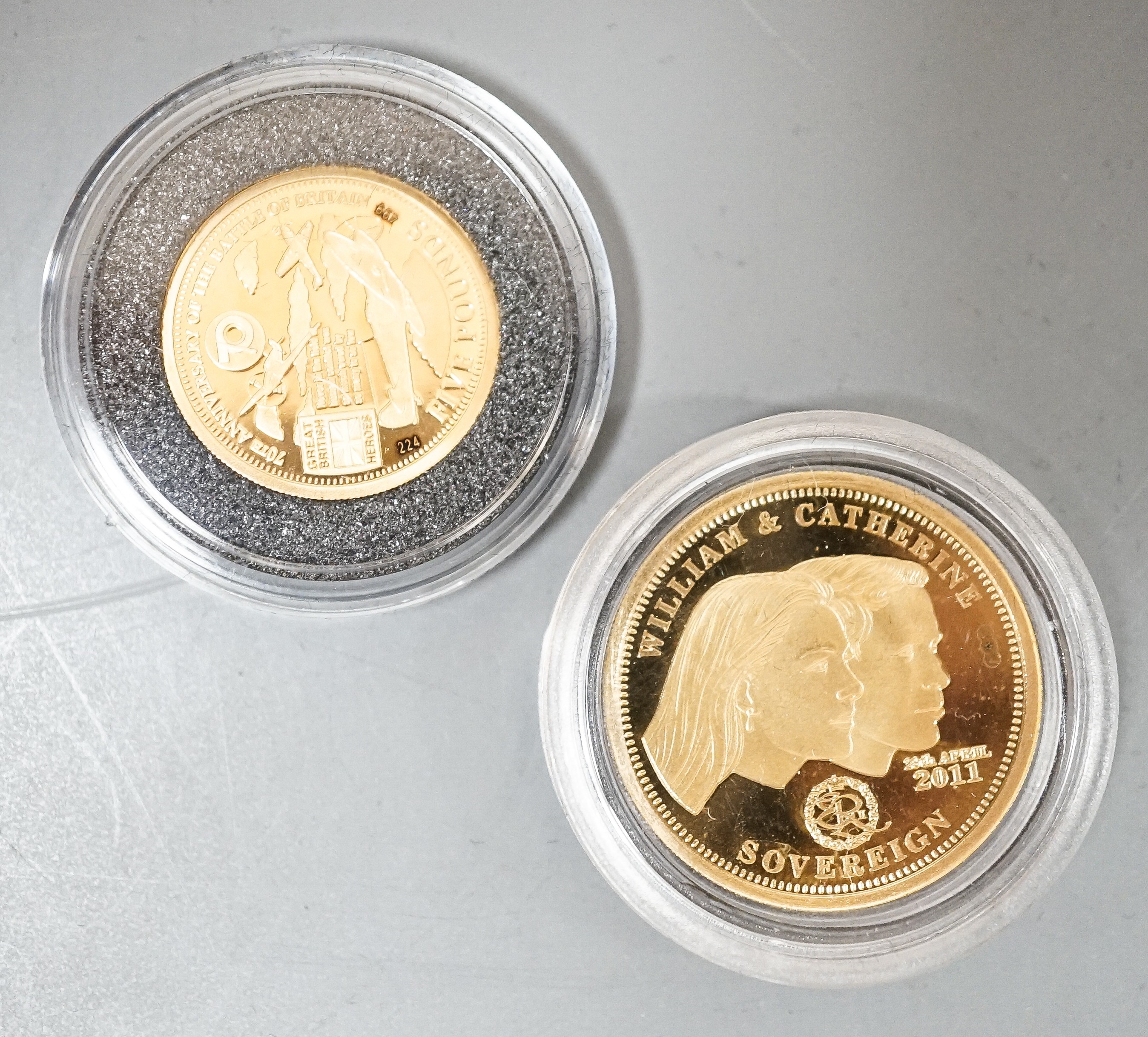 A London mint Tristan da Cunha proof gold sovereign and a similar proof gold Battle of Britain coin, cased with certificates (2)